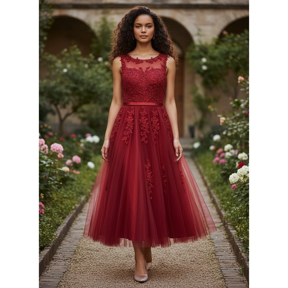 NEW Elegant Red Sleeveless Sequin Lace Embroidered‎ Midi Formal Dress Size 12